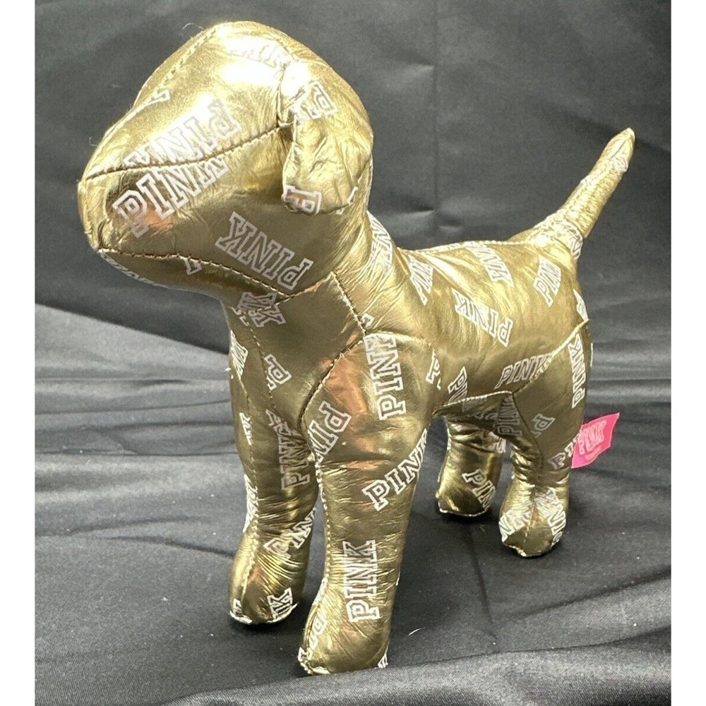 Victoria's Secret PINK Dog Plush Stuffed Animal Metallic Gold White Text 7”